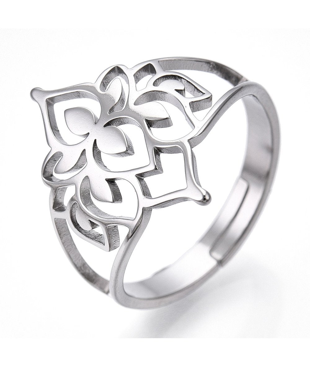 Anello con fiore di loto in acciaio inox