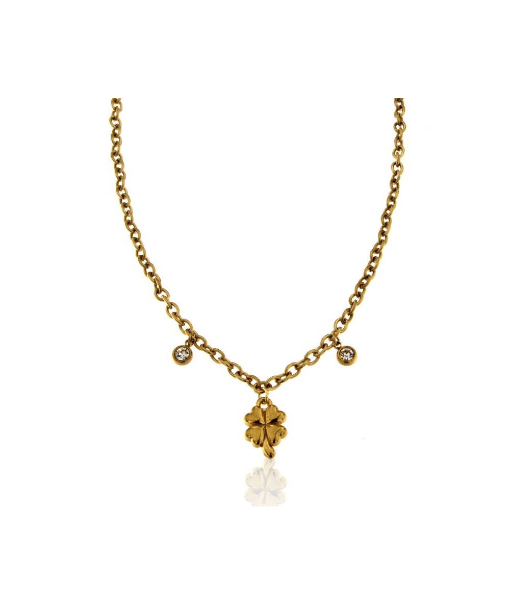 Collana con punti luce cristal e pendente quadrifoglio in acciaio inox placcato oro 18k