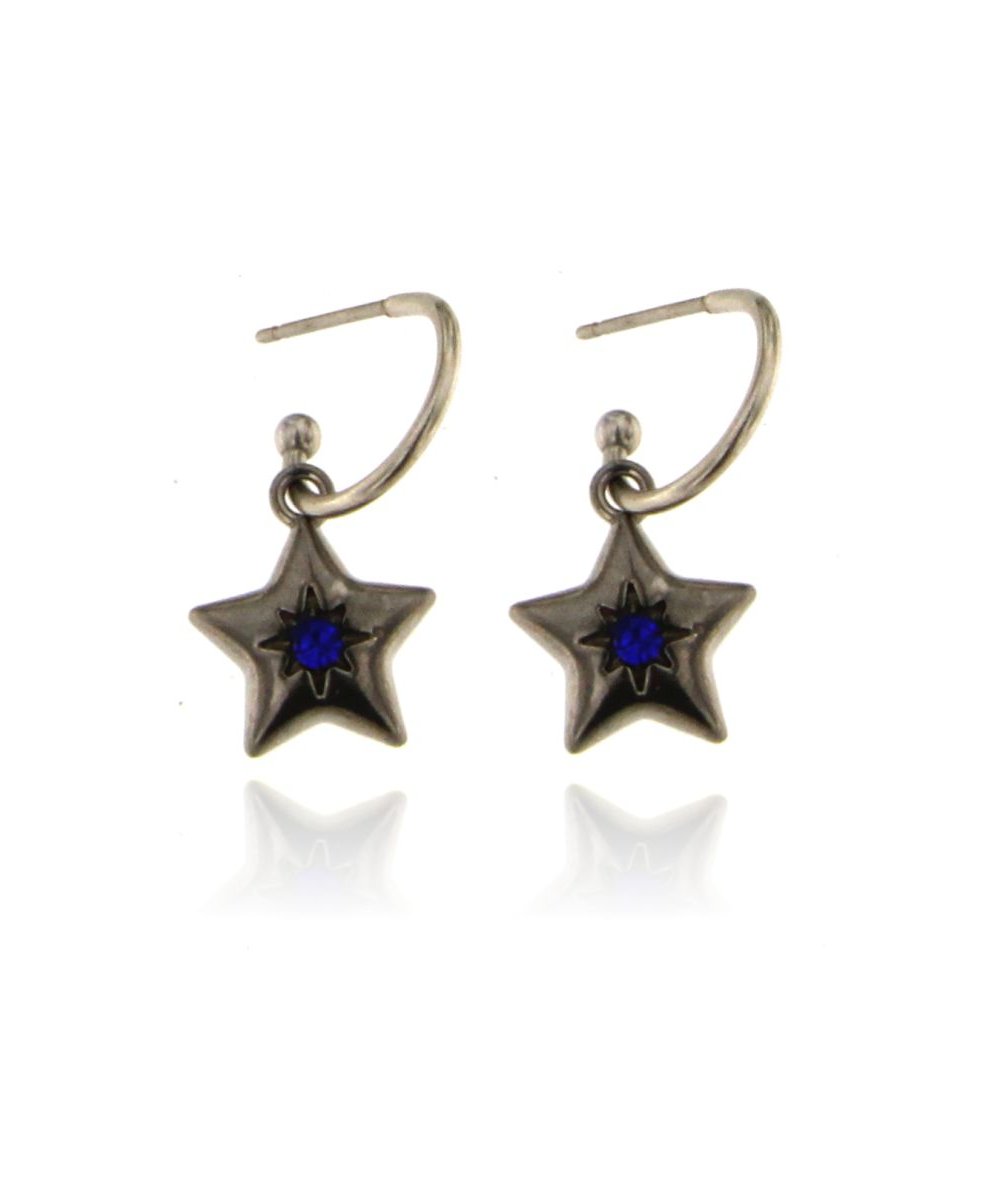 Orecchini semicerchi con pendente stella con punto luce blu in acciaio inox